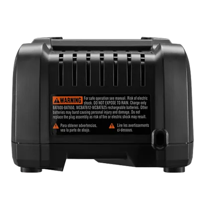 Bosch charger with 'WARNING' label; text includes 'DO NOT EXPOSE TO RAIN', BAT600-BAT650, WCBAT612-WCBAT625, and safety warnings in English, Spanish, and French.
