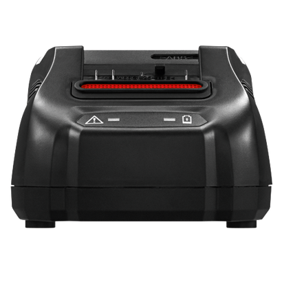 Black battery charger with visible text "PAG6G(25-TPE<" and warning and battery icons.