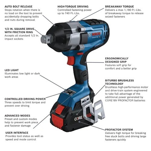 Bosch GDS18V-770C HD impact wrench, with Auto Bolt Release, High-Torque Driving up to 740 Ft.-Lbs, Breakaway Torque of 1,180 Ft.-Lbs, LED light, Controlled Driving Power, Advanced Modes, User Interface, Biturbo Brushless Technology, and ProFactor System.