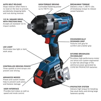 Bosch GDS18V-770C HD impact wrench, with Auto Bolt Release, High-Torque Driving up to 740 Ft.-Lbs, Breakaway Torque of 1,180 Ft.-Lbs, LED light, Controlled Driving Power, Advanced Modes, User Interface, Biturbo Brushless Technology, and ProFactor System.