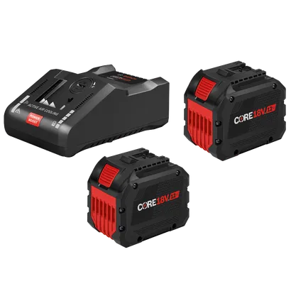 Bosch 18V battery charger and two CORE18V 12Ah batteries. The charger features "ACTIVE AIR COOLING" and "POWER BOOST".