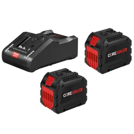 Bosch 18V battery charger and two CORE18V 12Ah batteries. The charger features "ACTIVE AIR COOLING" and "POWER BOOST".