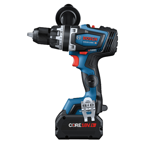 Bosch GSB18V-1330C HD drill, with Core 18V 8Ah battery.