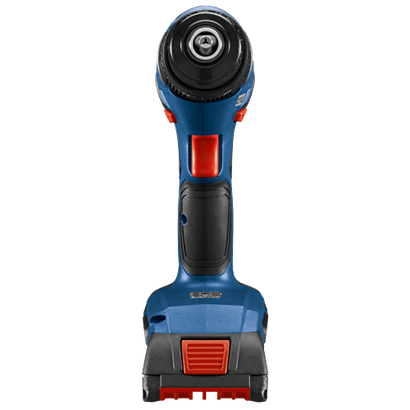 Bosch cordless drill with blue and black housing and red accents.