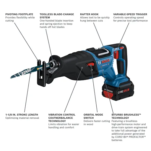 Bosch GSA18V-110 HD reciprocating saw with BITURBO BRUSHLESS™ technology, 1-1/8 in. stroke length, orbital mode switch, and CORE18V batteries, featuring a pivoting footplate, toolless blade-change system, rafter hook, variable-speed trigger, and vibration control technology.