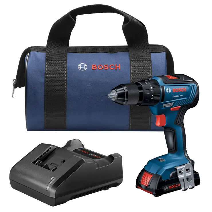 Bosch GSB18V-490 brushless drill and bag with charger.