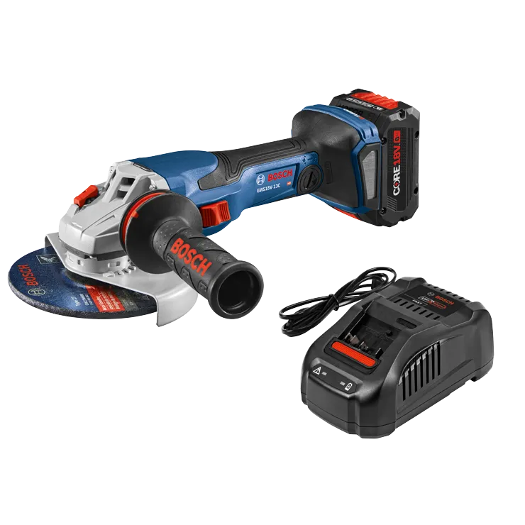 Bosch GWS18V-13C HD angle grinder with CORE18V 8Ah battery and charger. Charger with "AMP Share!", "FAST" visible.