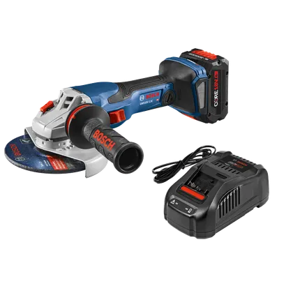 Bosch GWS18V-13C HD angle grinder with CORE18V 8Ah battery and charger. Charger with "AMP Share!", "FAST" visible.