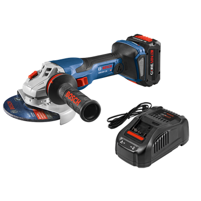 Bosch GWS18V-13C HD angle grinder with CORE18V 8Ah battery and charger. Charger with "AMP Share!", "FAST" visible.
