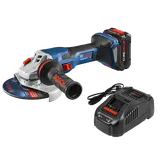 Bosch GWS18V-13C HD angle grinder with CORE18V 8Ah battery and charger. Charger with "AMP Share!", "FAST" visible.