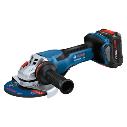 Bosch GWS18V-13P angle grinder, with CORE18V 8 Ah battery.