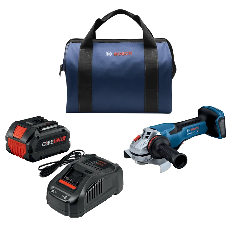 Bosch GWS18V-13P cordless angle grinder, charger, CORE18V 8.0 Ah battery, and tool bag.