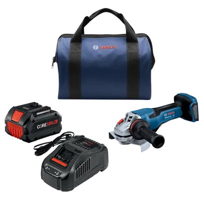 Bosch GWS18V-13P cordless angle grinder, charger, CORE18V 8.0 Ah battery, and tool bag.