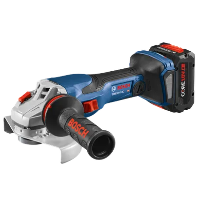 Bosch GWS18V-13C angle grinder, with CORE18V 8Ah battery.
