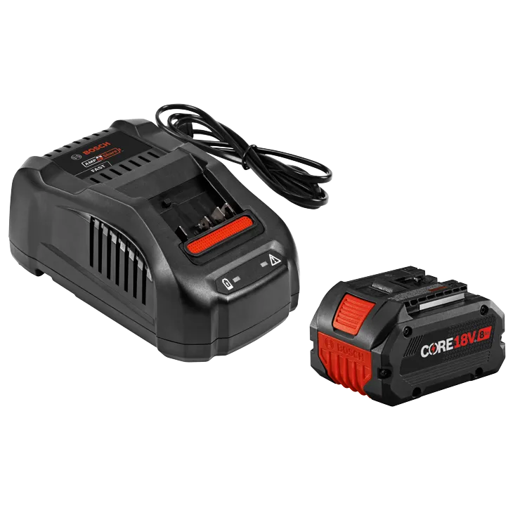 Bosch AMP Share Fast charger and CORE18V 8Ah battery.