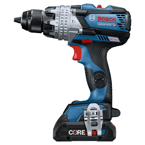 Bosch GSB18V-975C HD cordless drill with CORE18V battery.