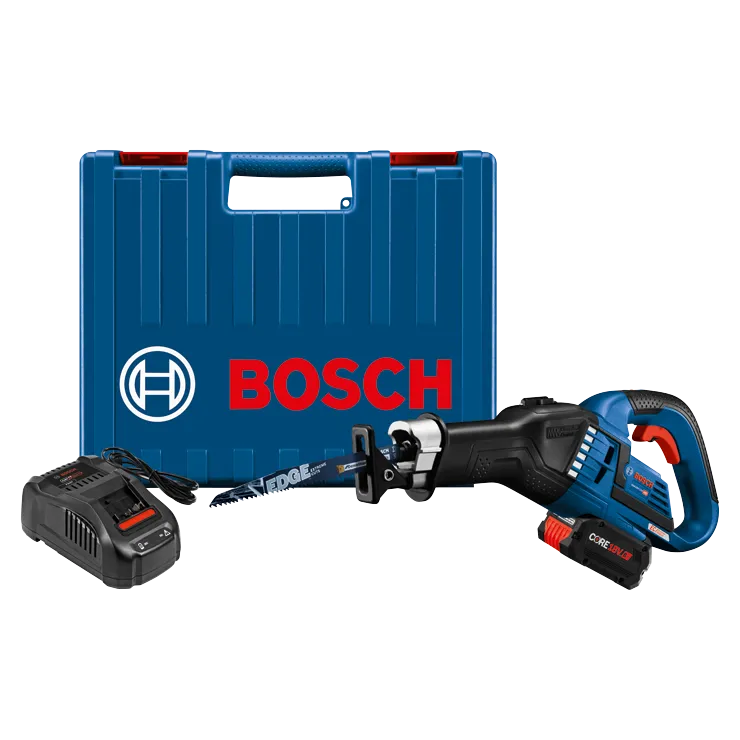 Bosch GSA18V-125 HD reciprocating saw kit, blue case, blade, and charger.