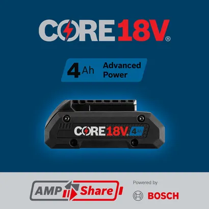 CORE18V 4 Ah Advanced Power battery; Powered by Bosch; AMP Share.