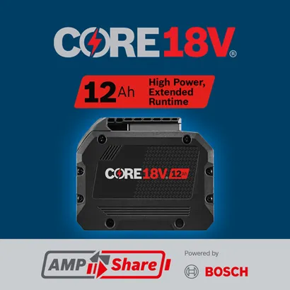 Bosch CORE18V 12Ah battery with High Power and Extended Runtime, powered by AMP Share.