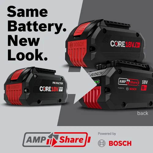 Bosch CORE18V 8.0 Ah and 18V 8Ah batteries, with “Same Battery. New Look.” text.