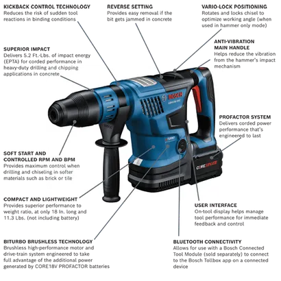 Bosch GBH18V-36C hammer drill with Kickback Control Technology, Reverse Setting, Vario-Lock Positioning, Superior Impact, Anti-Vibration Main Handle, ProFactor System, Soft Start and Controlled RPM and BPM, Compact and Lightweight at 18 in long and 11.3 lbs, Biturbo Brushless Technology, User Interface, and Bluetooth Connectivity.