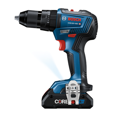 Bosch GSB 18V-490 HD cordless drill with brushless motor, Core 8Ah battery.