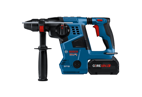 Bosch BULLDOG GBH18V-28C HD SDS plus hammer drill with CORE 18V 8Ah battery.