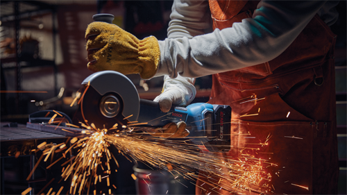 Person using a Bosch GWS18V-10P HD angle grinder, sparks flying.