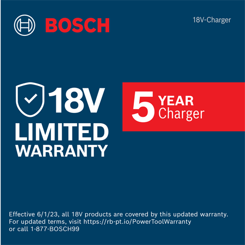 Bosch 18V Limited Warranty with 5 Year Charger, and contact info.