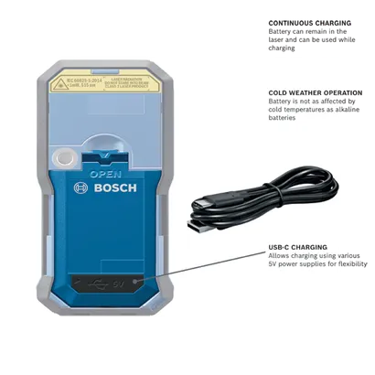 Bosch laser product with IEC 60825-1:2014, <1mW, 515 nm, USB-C charging, 5V, continuous charging, and cold weather operation.