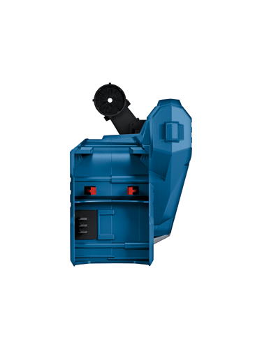 Blue power tool with black component and red accents.