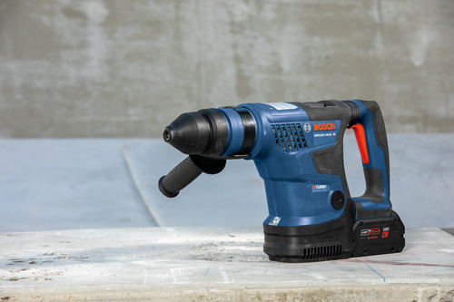 Bosch GBH18V-34CQ HD cordless rotary hammer, with "TURBO BRUSHLESS" and "AMP Share 18V 8 Ah" features.