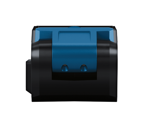 Blue and black rectangular object with two rounded indentations on the top.