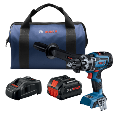 Bosch GSR18V-1330C HD cordless drill with bag, two batteries, and charger. The bag has a Bosch logo, and the drill reads "TURBO BRUSHLESS."