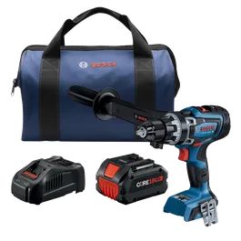 Bosch GSR18V-1330C HD cordless drill with bag, two batteries, and charger. The bag has a Bosch logo, and the drill reads "TURBO BRUSHLESS."