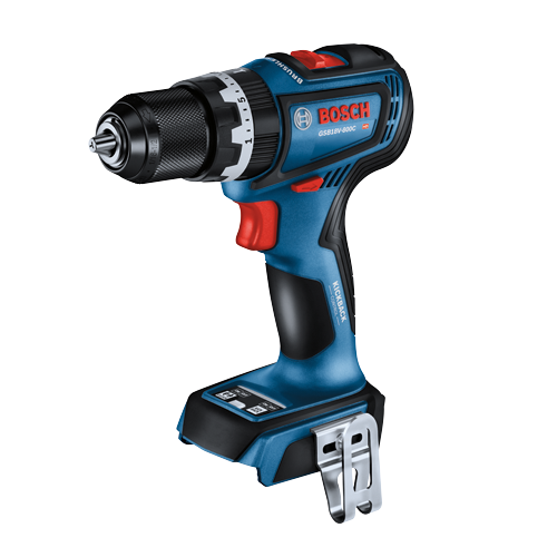 Bosch GSB18V-800C HD cordless drill with "BRUSHLESS", "KICKBACK CONTROL", and "CLUTCH" features.