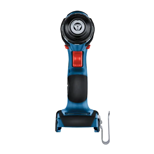 Bosch blue and black cordless drill with red accents and a metal belt clip.