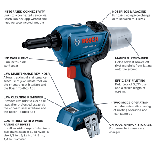 Bosch GRG18V-3600C HD rivet tool with integrated connectivity, LED worklight, nosepiece magazine, mandrel container, efficient riveting pull force of 3,595 Lbs and a stroke length of 0.98 In., two-mode operation, on tool wrench storage, jaw maintenance and cleaning reminders, and compatible with 1/8 In., 5/32 In., 3/16 In., and 1/4 In. diameter rivets.