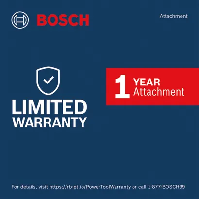 Bosch logo and text, "LIMITED WARRANTY," "1 YEAR Attachment." For details, visit https://rb-pt.io/PowerToolWarranty or call 1-877-BOSCH99.