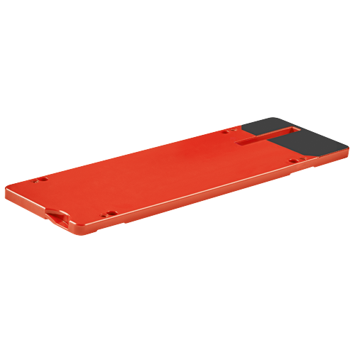 Orange rectangular object with two black pads and holes.