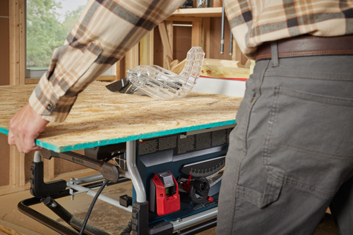Bosch table saw with safety guard, a person is holding a piece of wood over the blade.