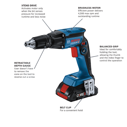 Bosch GTB18V-45 HD drill, with XTEND DRIVE, BRUSHLESS MOTOR delivering 4,500 max rpm, RETRACTABLE DEPTH GAUGE, BELT CLIP, and BALANCED GRIP.
