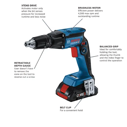 Bosch GTB18V-45 HD drill, with XTEND DRIVE, BRUSHLESS MOTOR delivering 4,500 max rpm, RETRACTABLE DEPTH GAUGE, BELT CLIP, and BALANCED GRIP.
