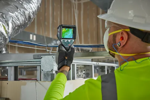 Bosch thermal imager held by person wearing PPE.