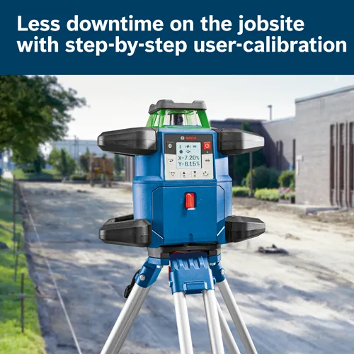 Bosch leveler with "X-7.20%" and "Y-6.15%" readings, "BOSCH" logo, and "Less downtime on the jobsite with step-by-step user-calibration" text.