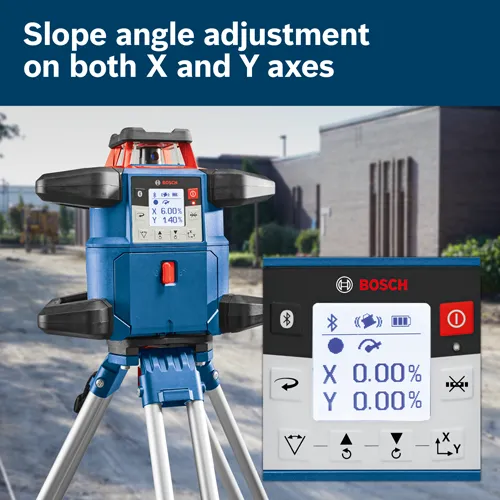 Bosch leveler with X 6.00%, Y 1.40% and X 0.00%, Y 0.00% displays, and the text "Slope angle adjustment on both X and Y axes."