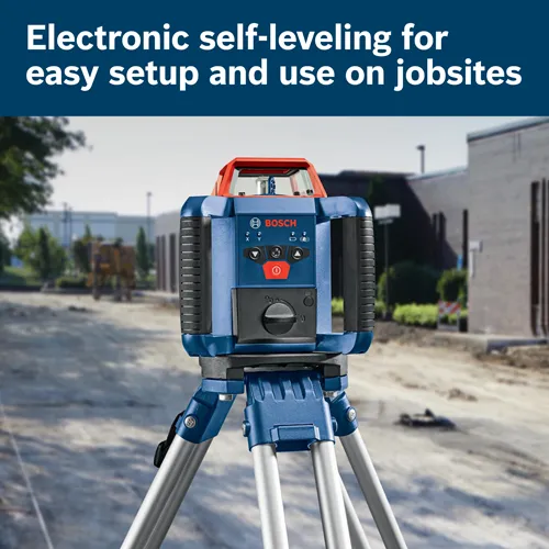Bosch electronic self-leveling laser level, with visible controls and tripod, on a jobsite.