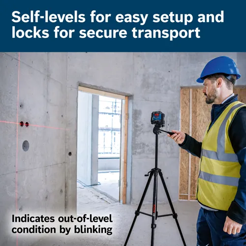 Self-levels for easy setup and locks for secure transport. Indicates out-of-level condition by blinking. Man with beard in hard hat operates Bosch laser level on tripod.