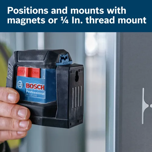 Bosch Professional GLL50-20G level, with "OFF" and "ON" buttons, and "OPEN" label, being held with a hand.