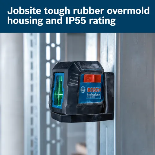 Bosch Professional GLL 50-20 G, Jobsite tough rubber overmold housing and IP55 rating.